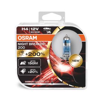 Set 2 becuri auto Osram H4 Night Breaker +200%, 12V, 55/60W, Model 64193NB200-HCB DUO